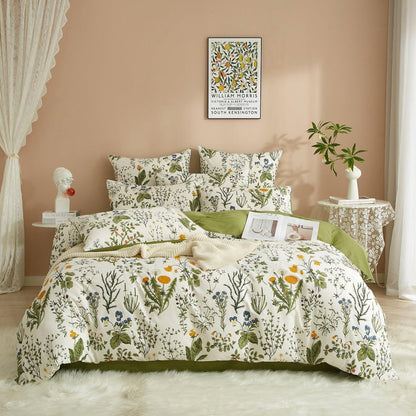 Blumen Bettwäsche Set 135x200 Baumwolle Weiß Grün 4tlg.