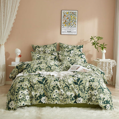 Grüne Baumwoll Bettwäsche Set 220x240 mit Blumenmuster