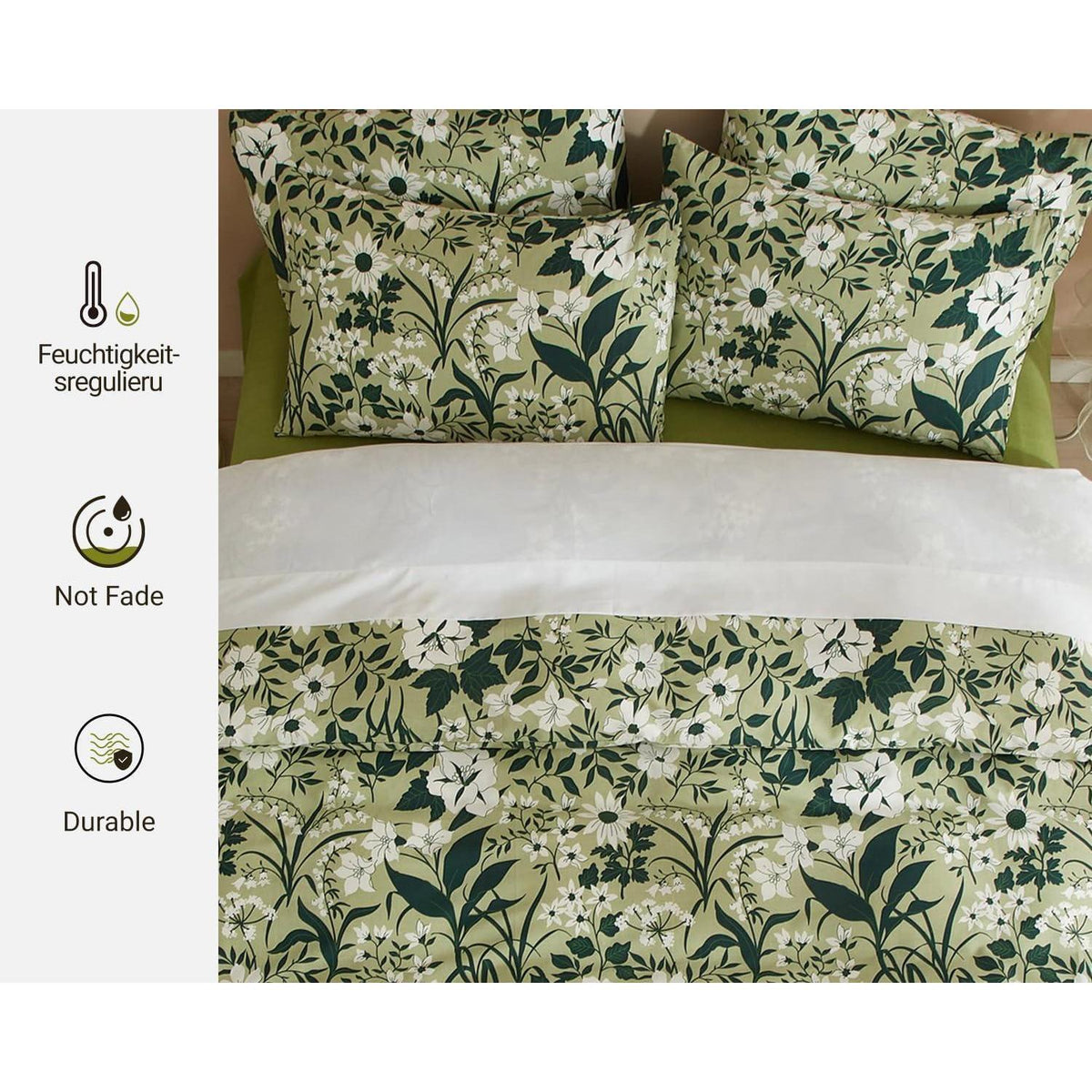 Grüne Baumwoll Bettwäsche Set 220x240 mit Blumenmuster