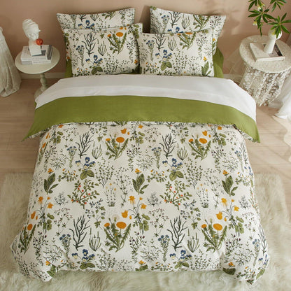 Blumen Bettwäsche Set 200x220 Baumwolle Grün Weiß 3tlg.
