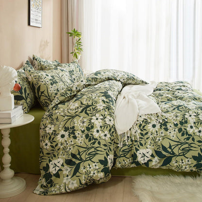 Grüne Baumwoll Bettwäsche Set 135x200 mit Blumenmuster