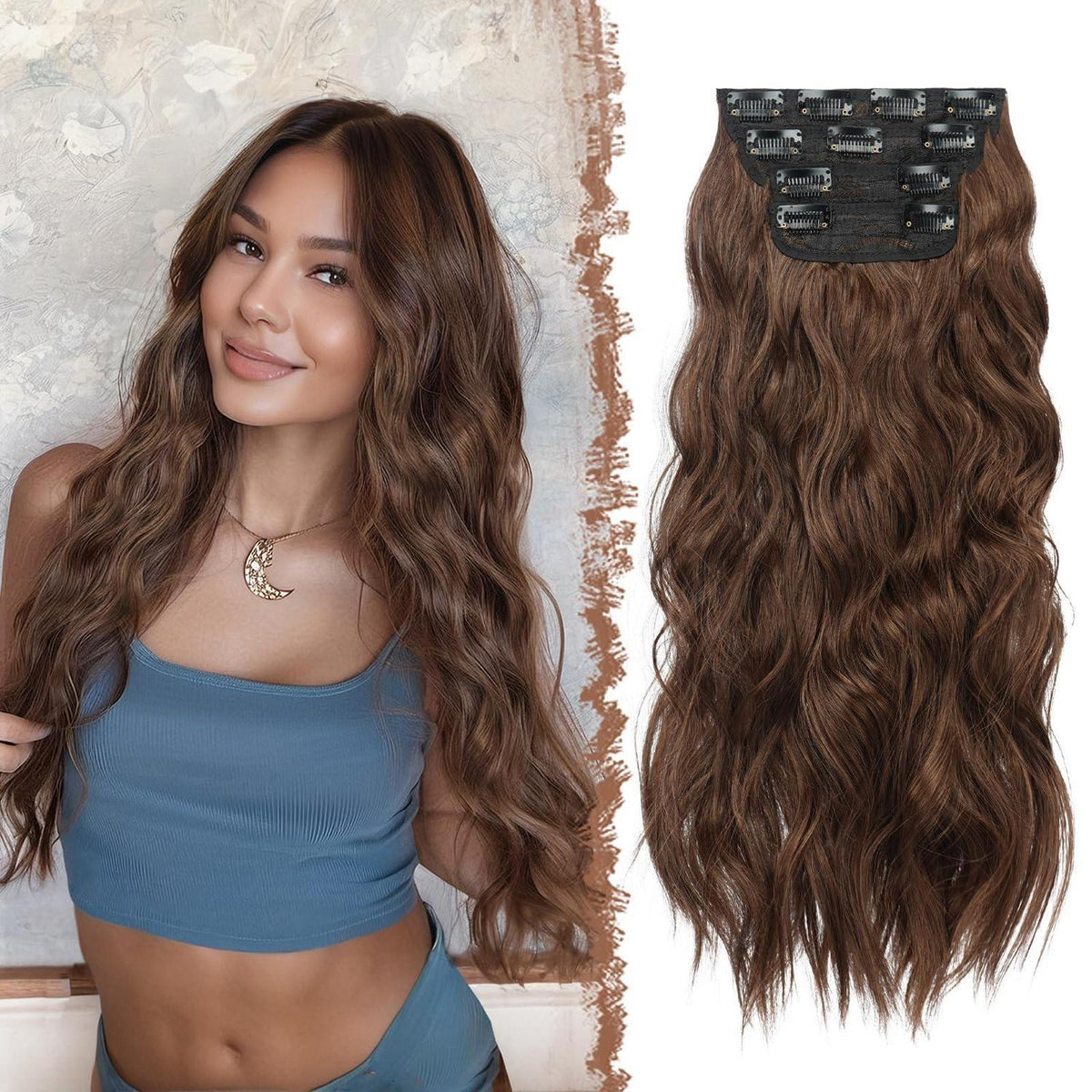 50cm Wellige Haarverlängerung Gemischt Braun Clip-In
