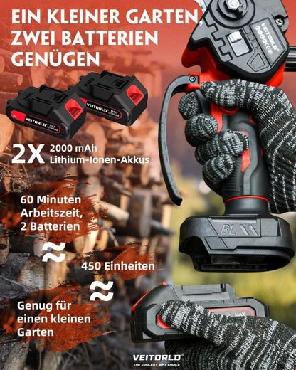 Veitorld Akku Kettensäge 6 Zoll mit 2 Akku 2000mAh LED Chainsaw