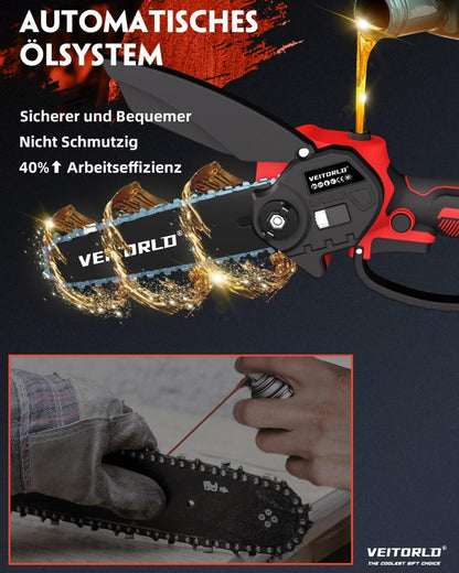 Mini Akku Kettensäge 6 Zoll Einhand 2 Akku 2000mAh Automatik-Öl LED-Licht
