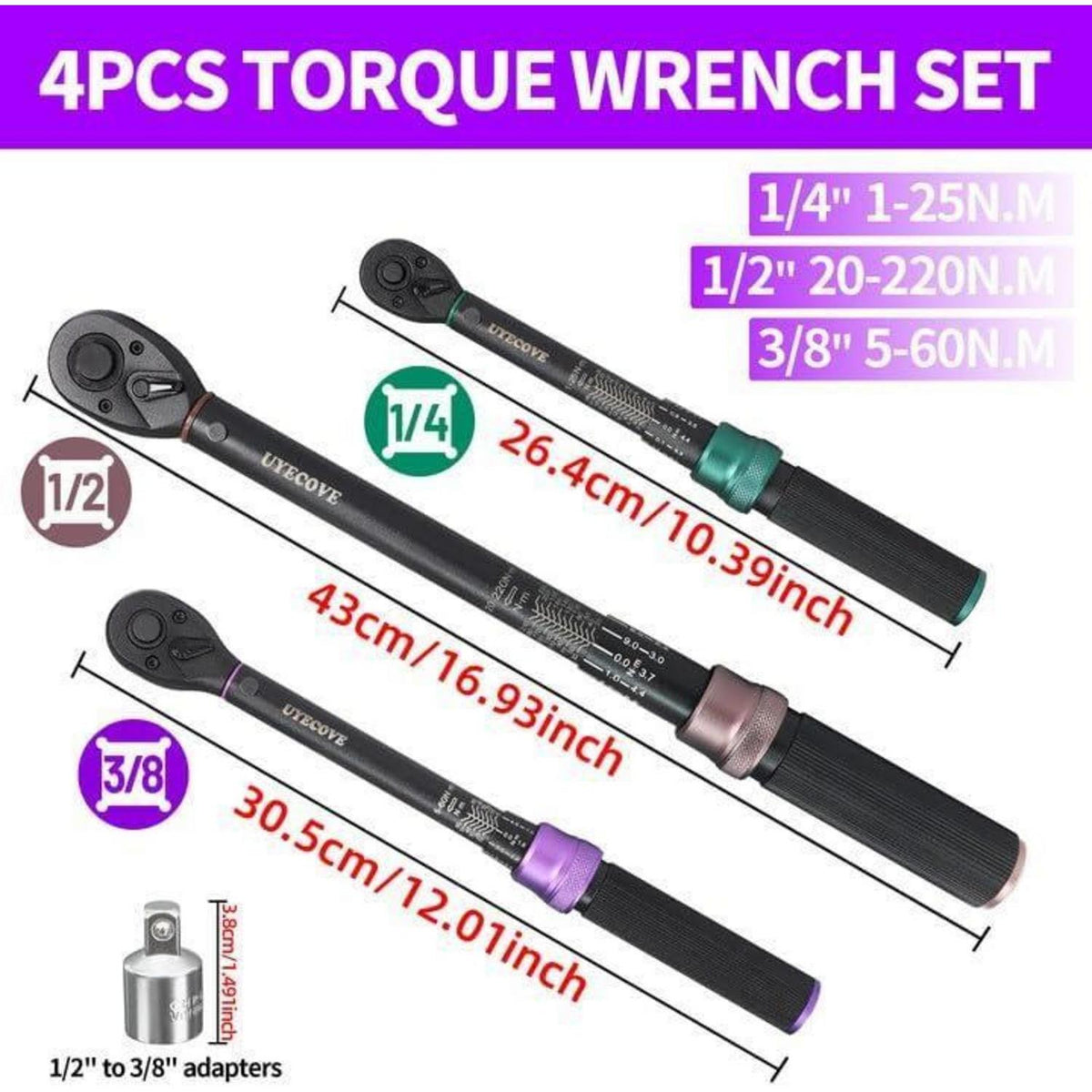 Drehmomentschlüssel Set 3-teilig 1/4" 3/8" 1/2" 1-220Nm