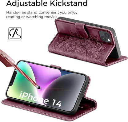 iPhone 14 Flip Wallet PU Lederhülle Weinrot Magnet Ständer