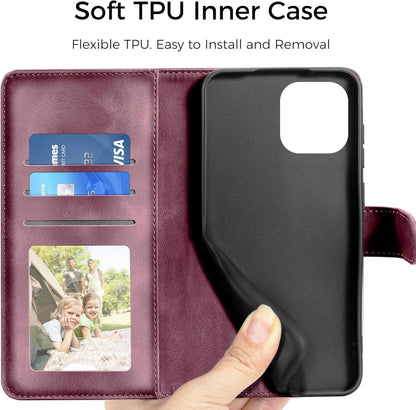 iPhone 14 Lederhülle Flip Wallet Case Weinrot Standfunktion Magnet