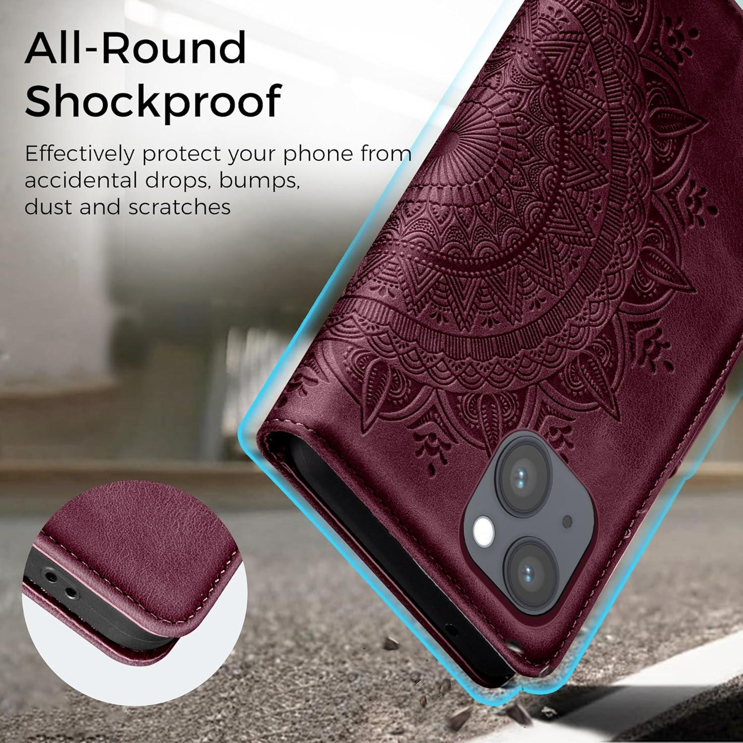 Lederhülle für iPhone 14 Flip Wallet PU Case Weinrot