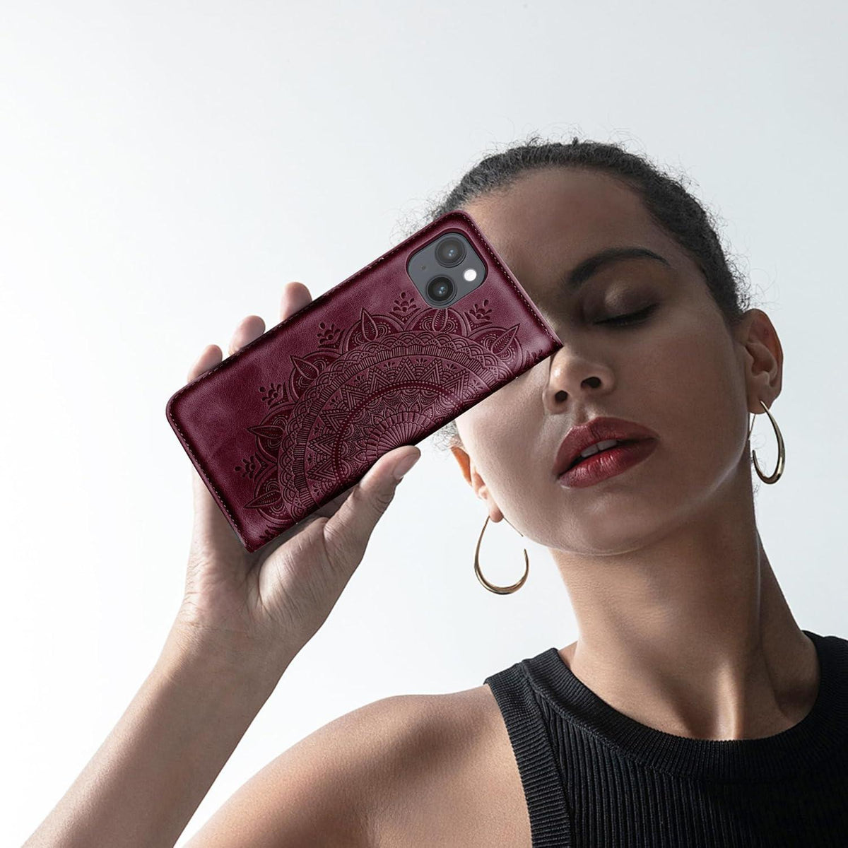 EASDNB iPhone 13 Lederhülle Flip Wallet PU Hülle Weinrot Magnet Ständer