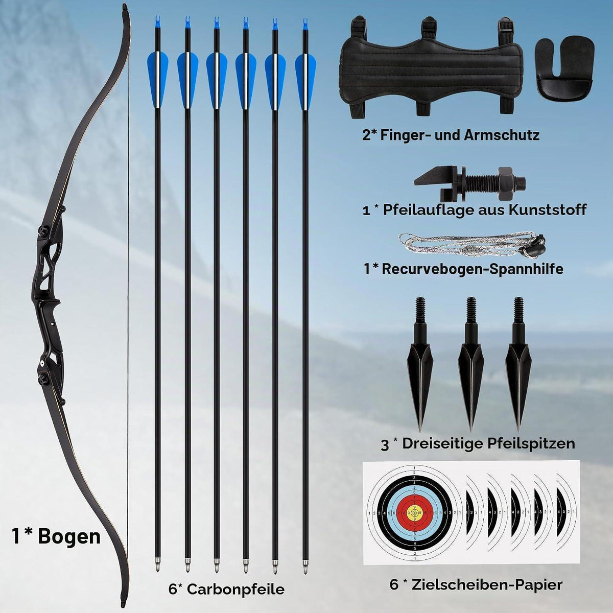 Recurvebogen Set 54 Zoll – 30 lbs mit Pfeilen & Zubehör