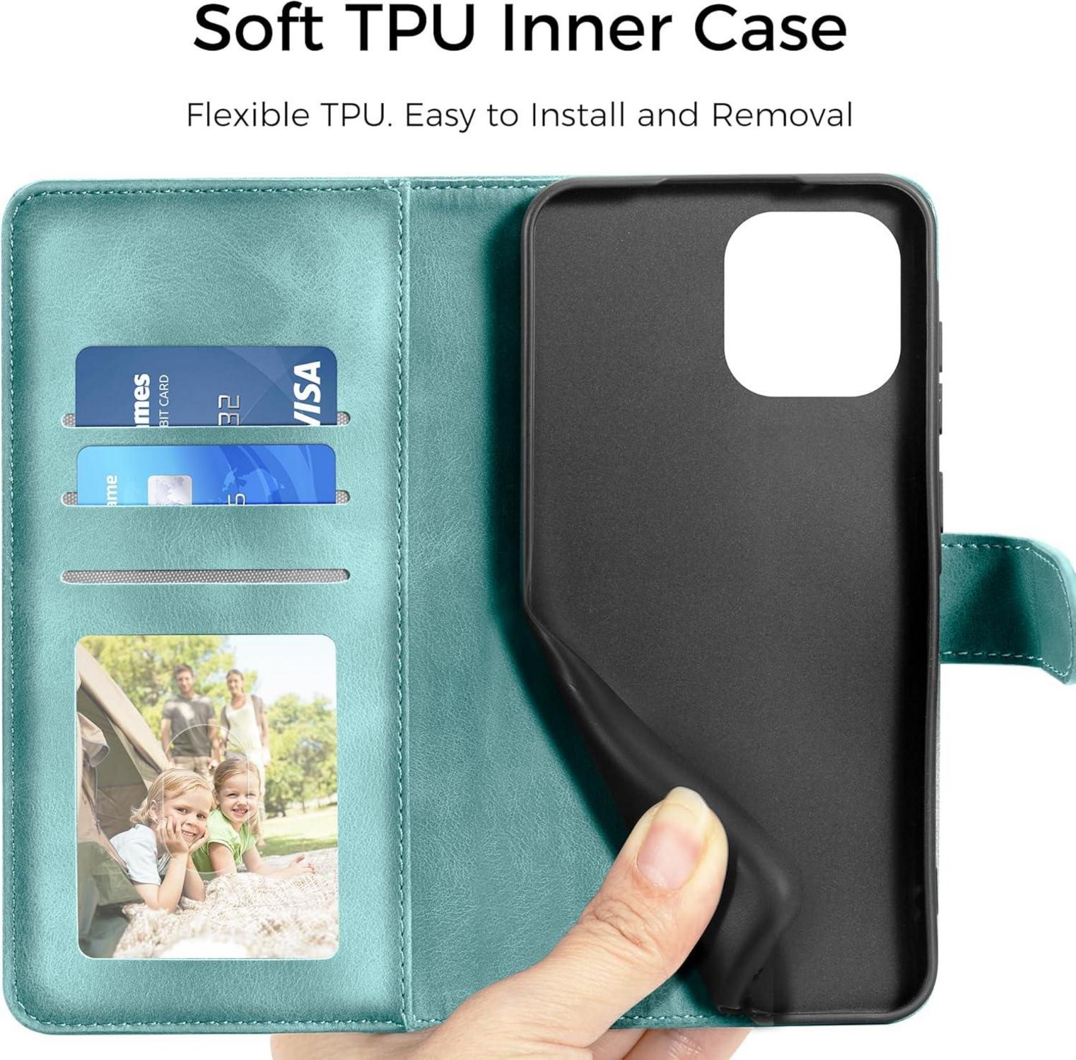 EASDNB iPhone 15 Hülle Leder Wallet Case Grün mit Prägung & Standfunktion