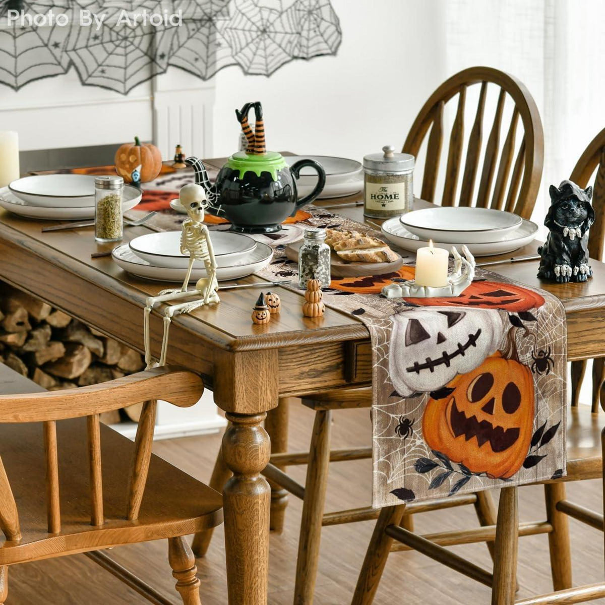 Halloween Tischläufer Kürbisse Spinnennetz 40x300cm Braun