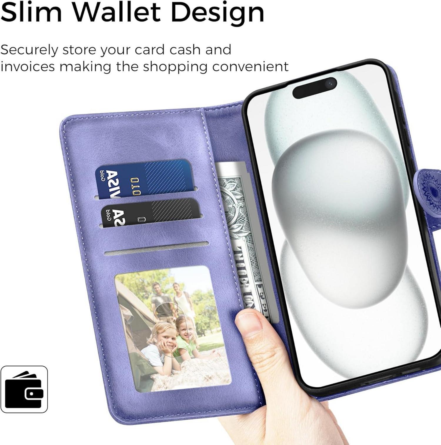 Premium Wallet Flip Hülle für iPhone 15 Lila - Magnet