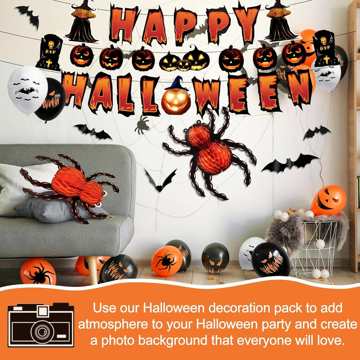 Halloween Deko Set Luftballons Girlande Banner Spinnen Party Kinder