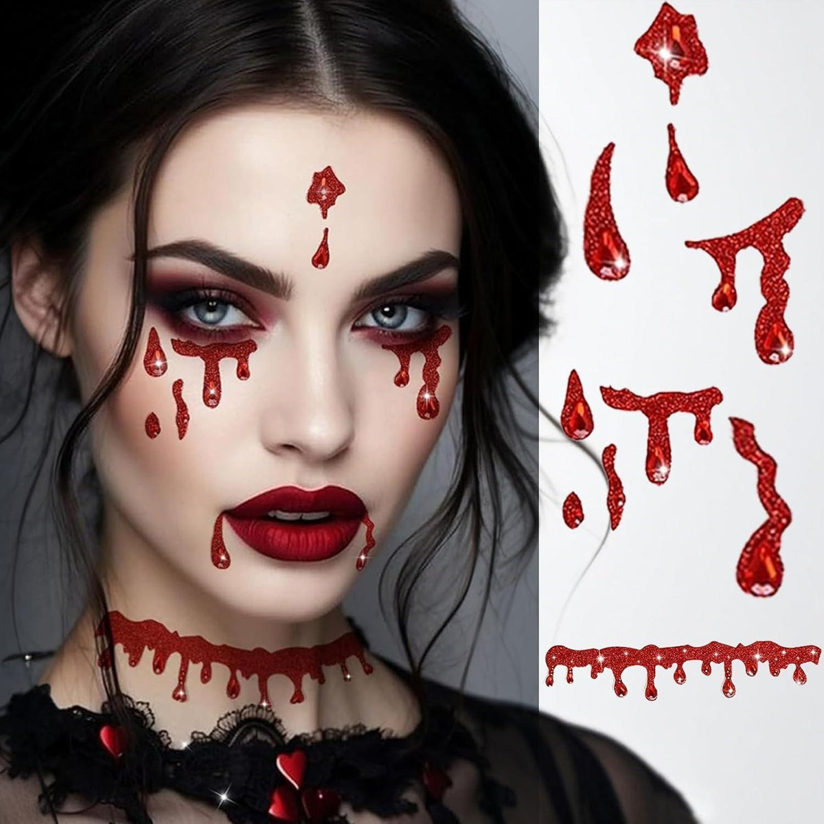 Vampir Schmuckset mit Glitzersteinen & Hexenhut für Halloween