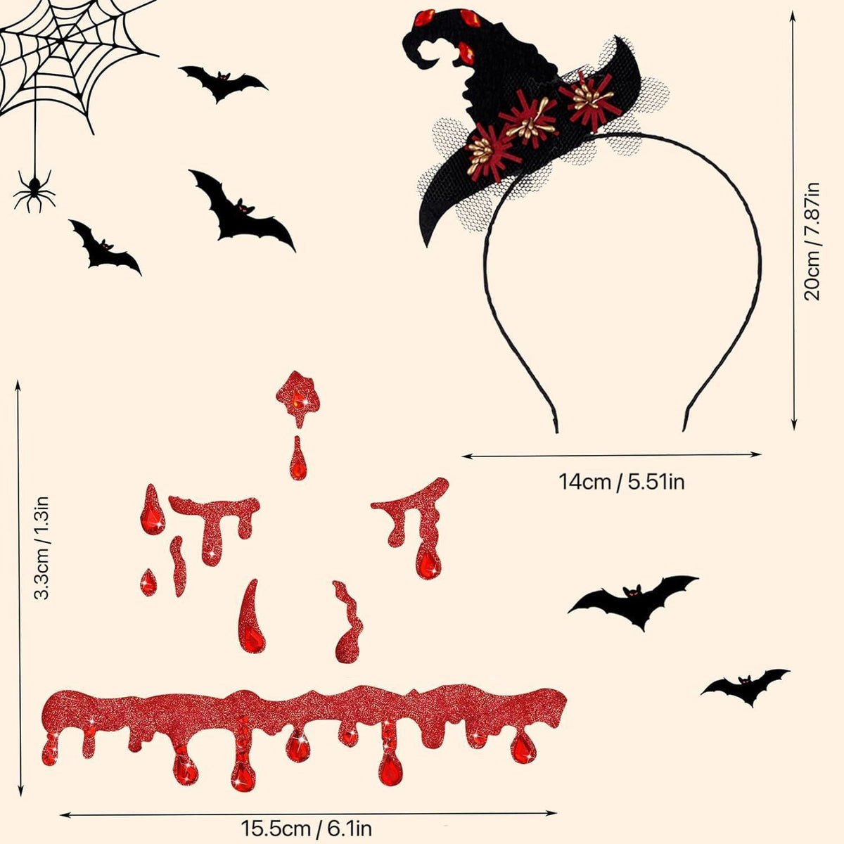Vampir Schmuckset mit Glitzersteinen & Hexenhut für Halloween