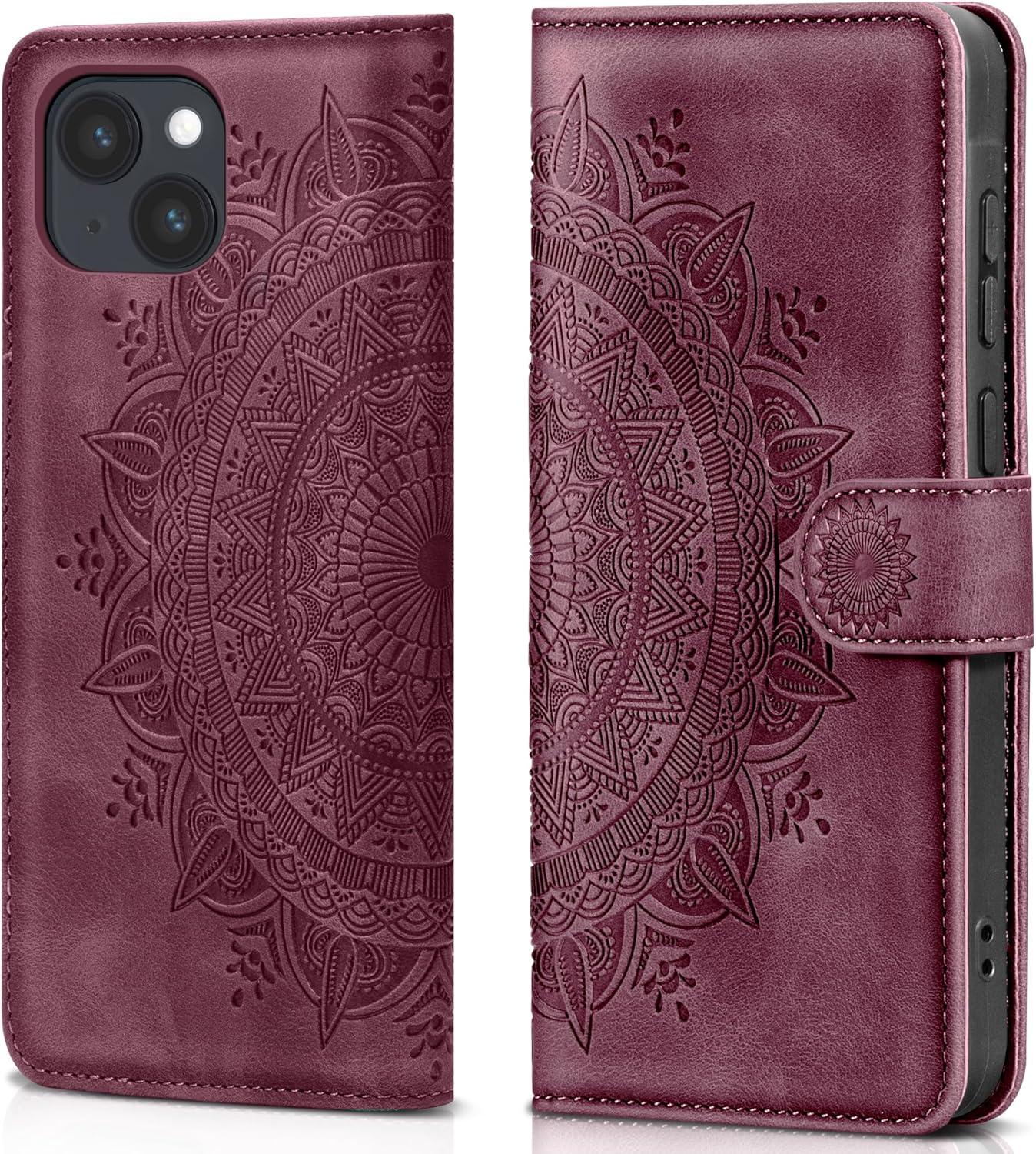 iPhone 15 Lederhülle Wallet Case Weinrot Magnet Ständer Kartenfach