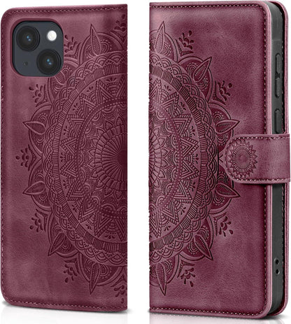 iPhone 15 Lederhülle Wallet Case Weinrot Magnet Ständer Kartenfach