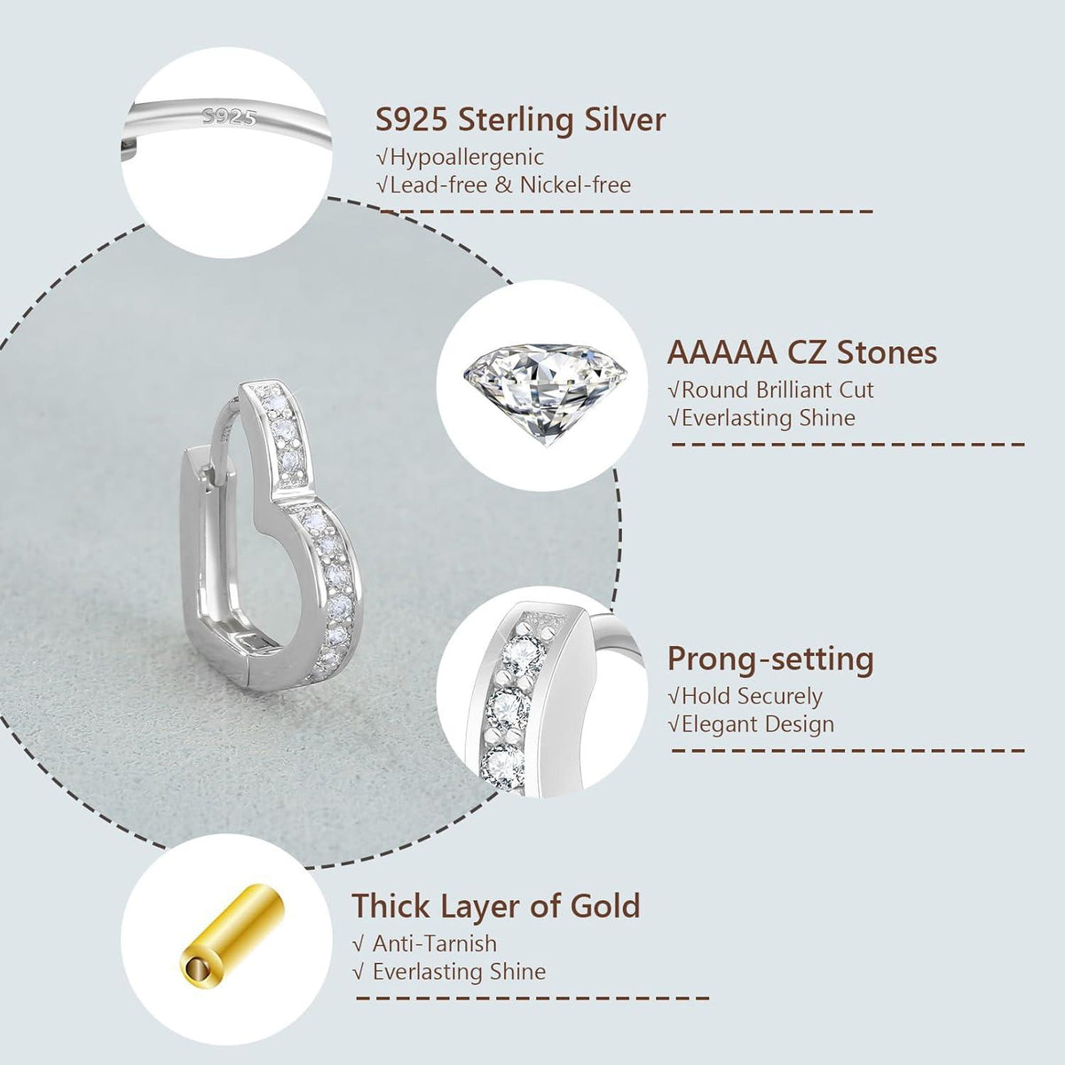 Herz Creolen Silber 925 Damen mit Zirkonia, Huggies Ohrringe 15mm