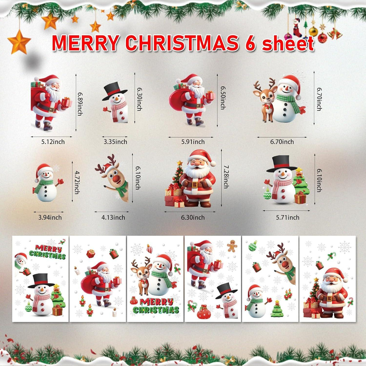 EDWINENE 6 Blatt Weihnachtsfensterbilder Wiederverwendbar 3D