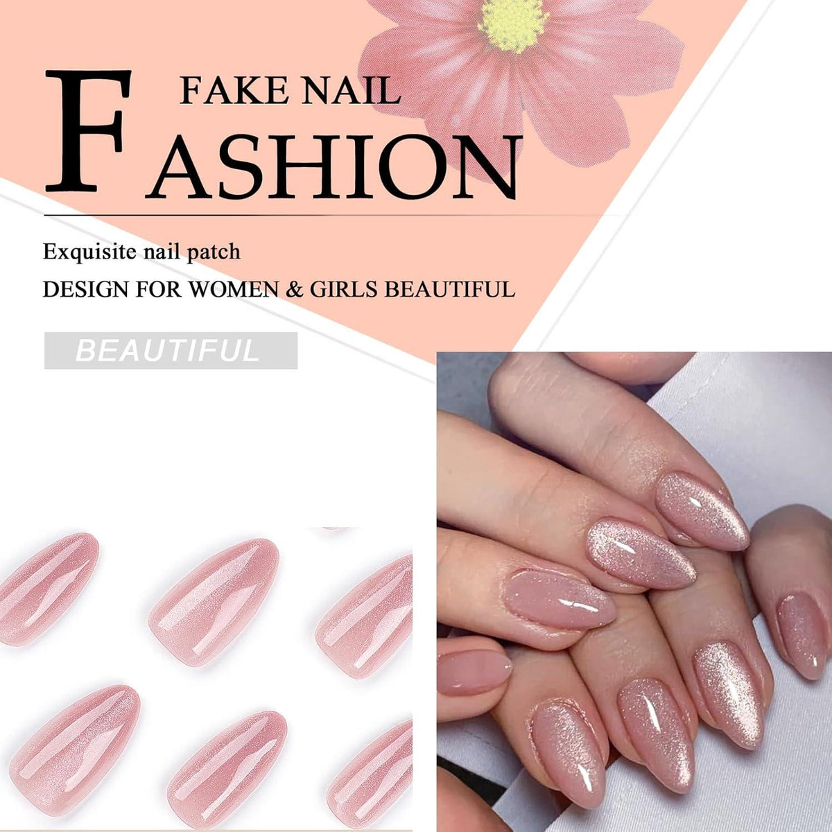 24 Stück Kurze Mandel Nägel Nude Rosa French Acryl Press on