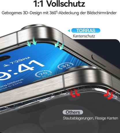 TORRAS iPhone 16 Pro Max Panzerglas Schutzfolie 9H Full Screen - 2 Stück