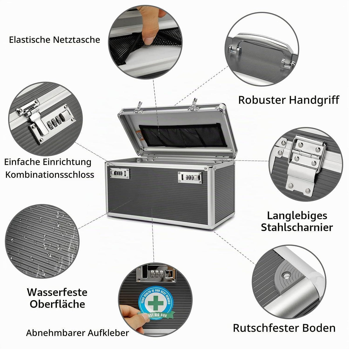 Medikamentenkoffer mit Schloss & Tablettenbox Grau Large