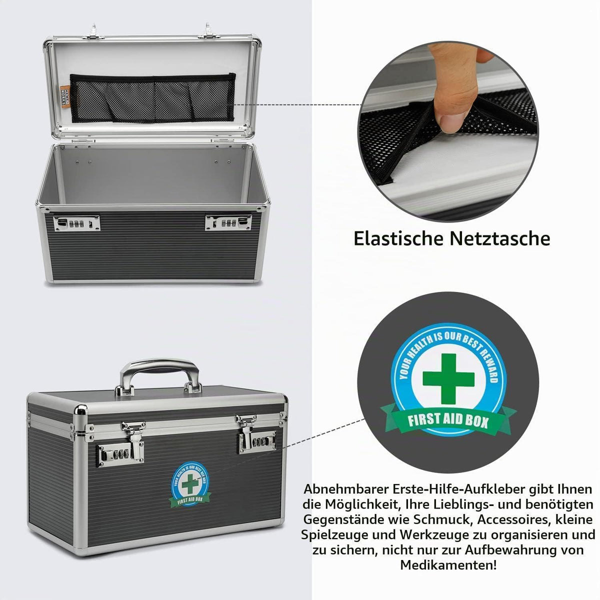Medikamentenkoffer mit Schloss & Tablettenbox Grau Large