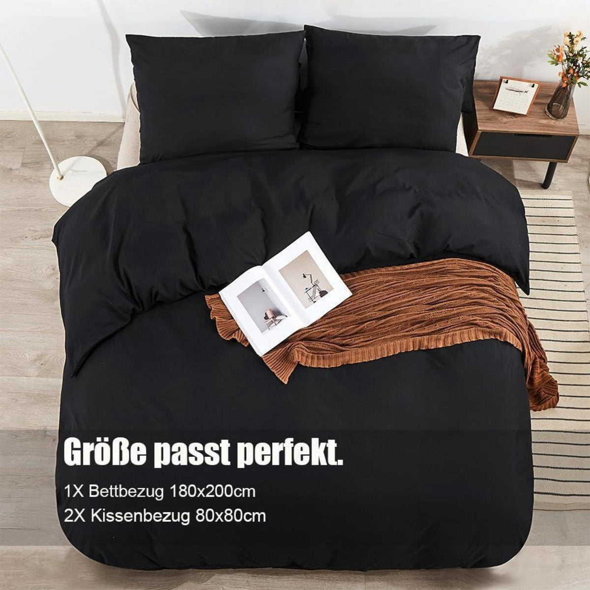 Bettwäsche-Set Mikrofaser 180x200 cm Schwarz Bügelfrei