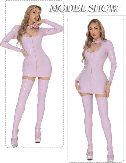 Damen Glitzer Wetlook Jumpsuit Clubwear Langarm PU XS-XL Helllila S-M