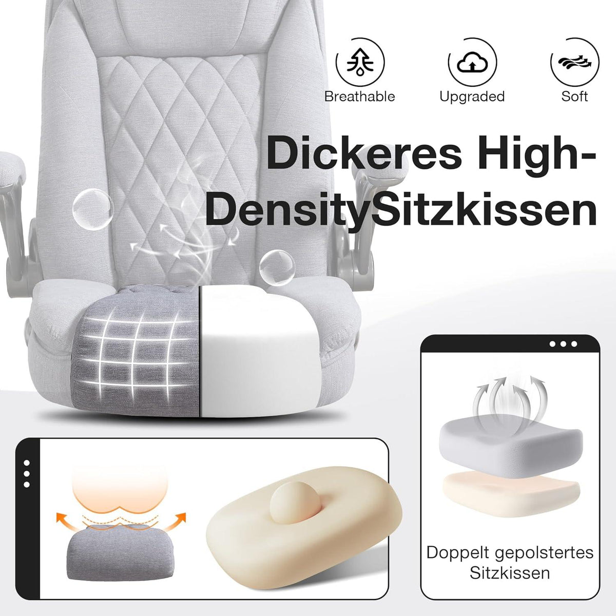 Fantasylab Bürostuhl Leinen 180KG hohe Rückenlehne extra breiter SitzGrey