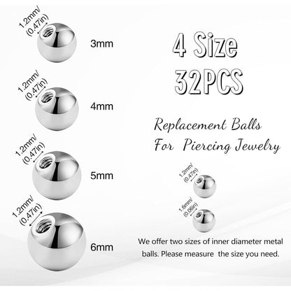 32stk Piercing Kugel Set 1,2mm Chirurgenstahl Silber