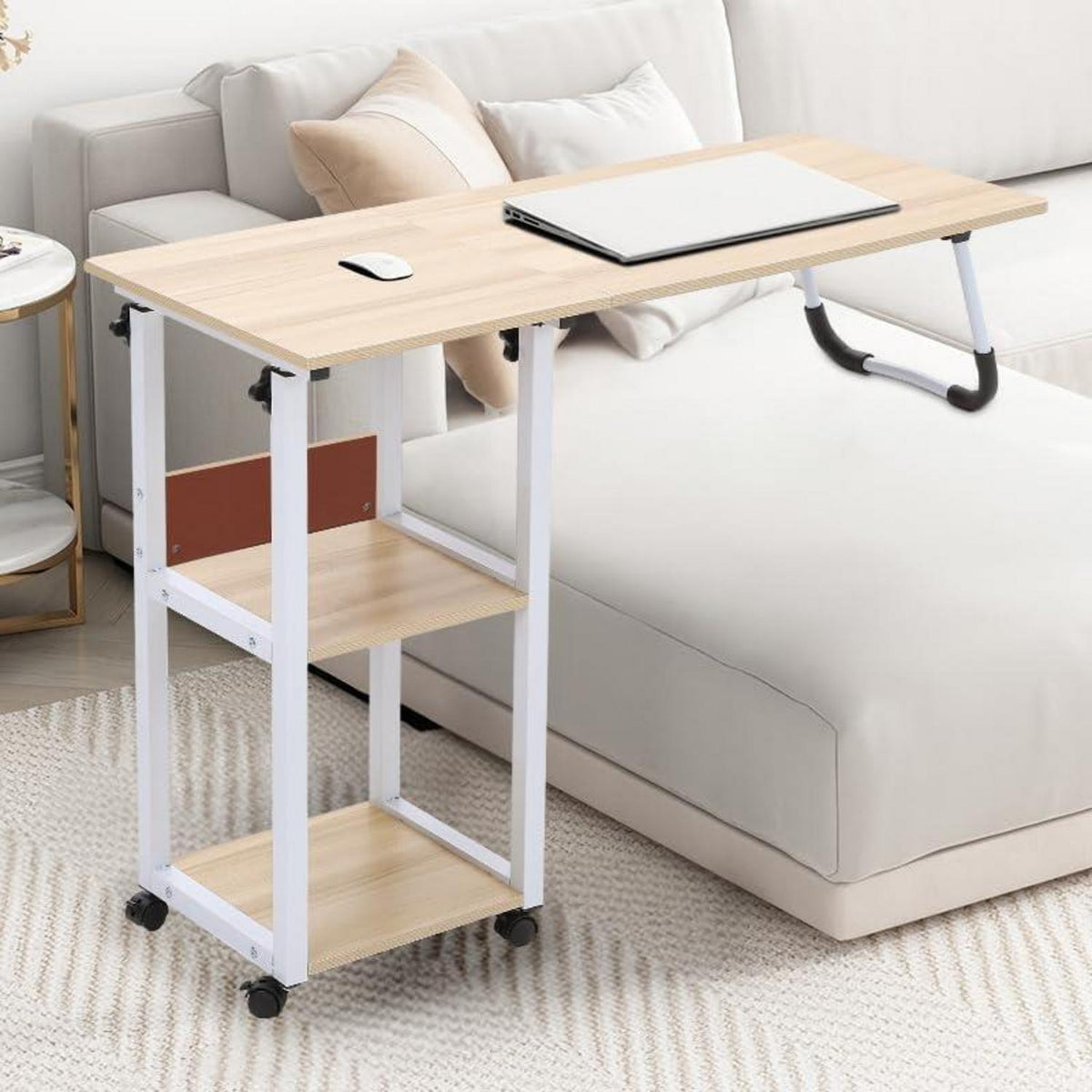 Höhenverstellbarer Beistelltisch mit Rollen und Liftable Top, Beige