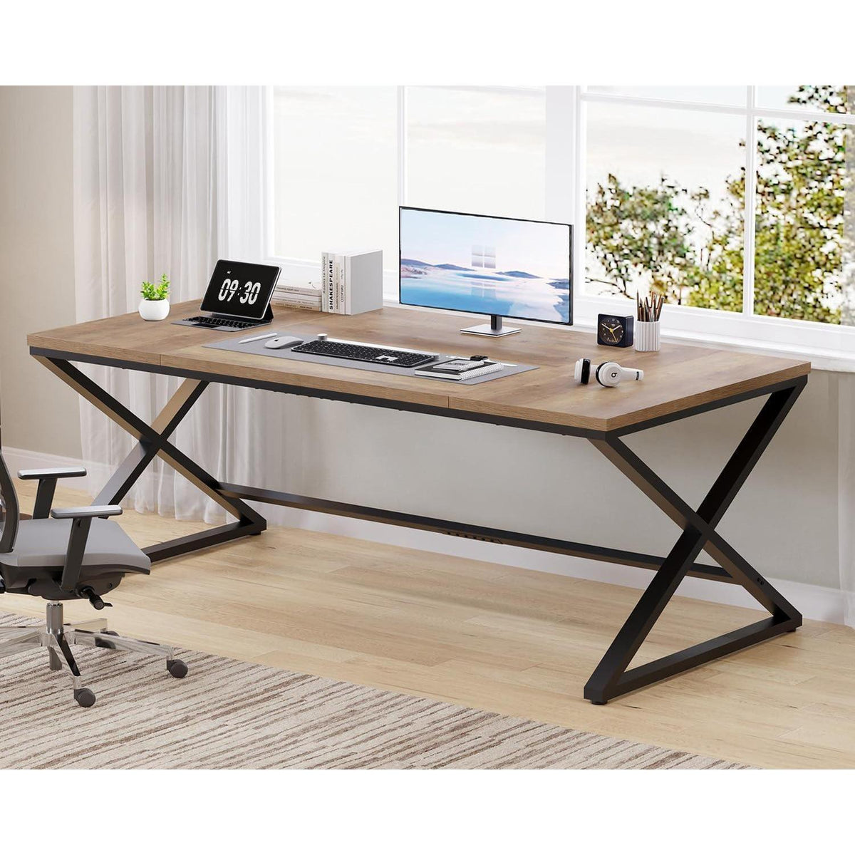 Großer Schreibtisch 180cm Schwarz Eiche MDF Modern Home Office