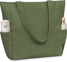 Leichtes Großes Cord-Tote Bag mit Reißverschluss und Taschen, Grün