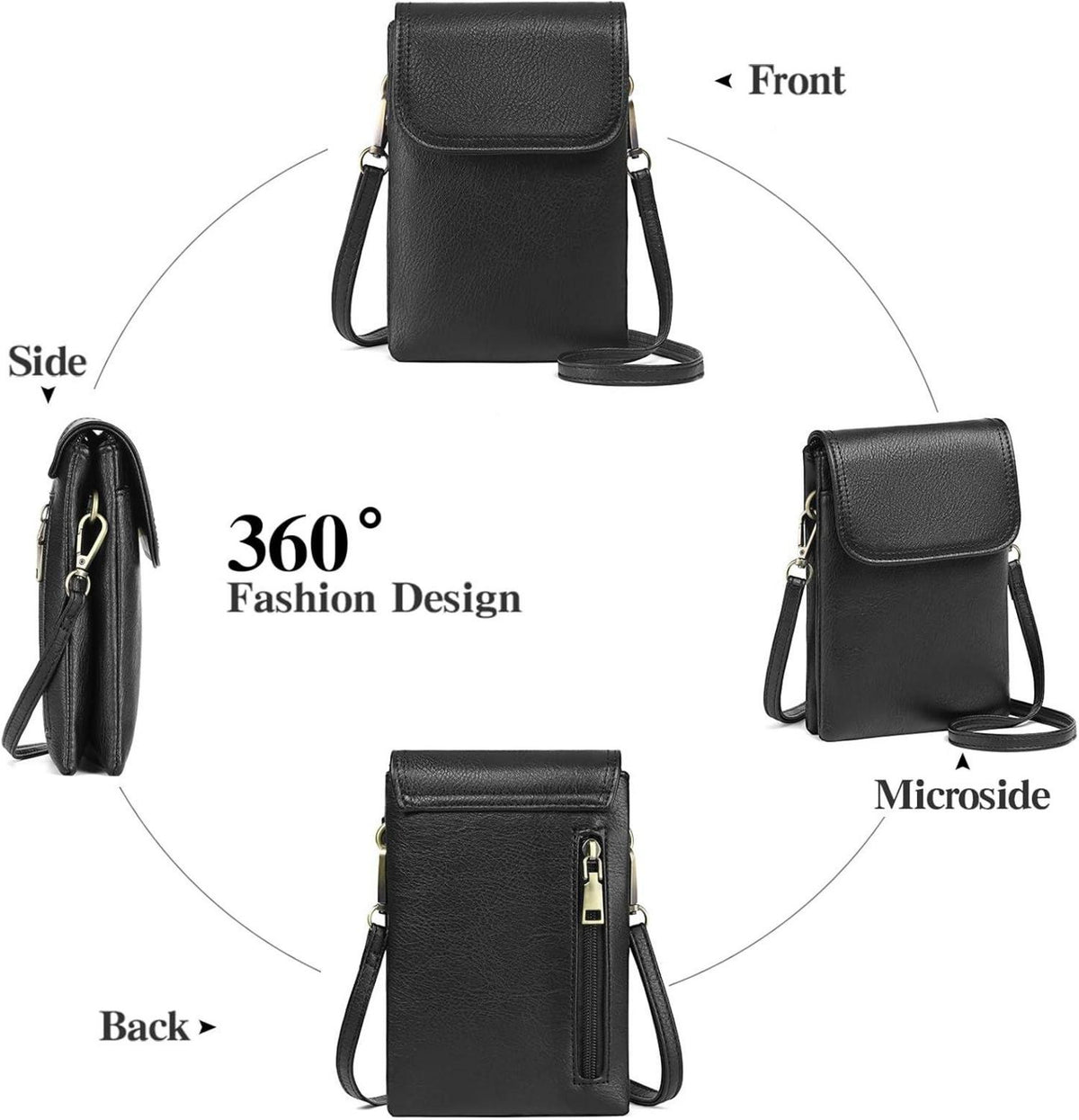 Damen RFID Blockierende Crossbody Handytasche Schwarz Leder