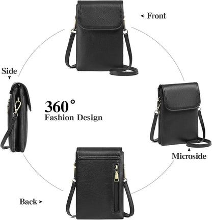 Damen RFID Blockierende Crossbody Handytasche Schwarz Leder