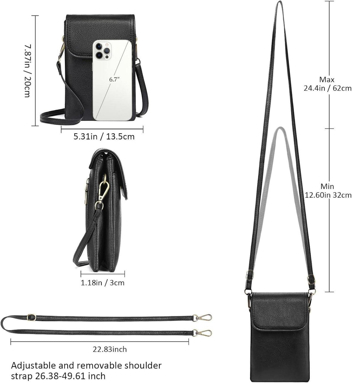 Damen Handtasche RFID Blocking Crossbody Schultertasche Schwarz