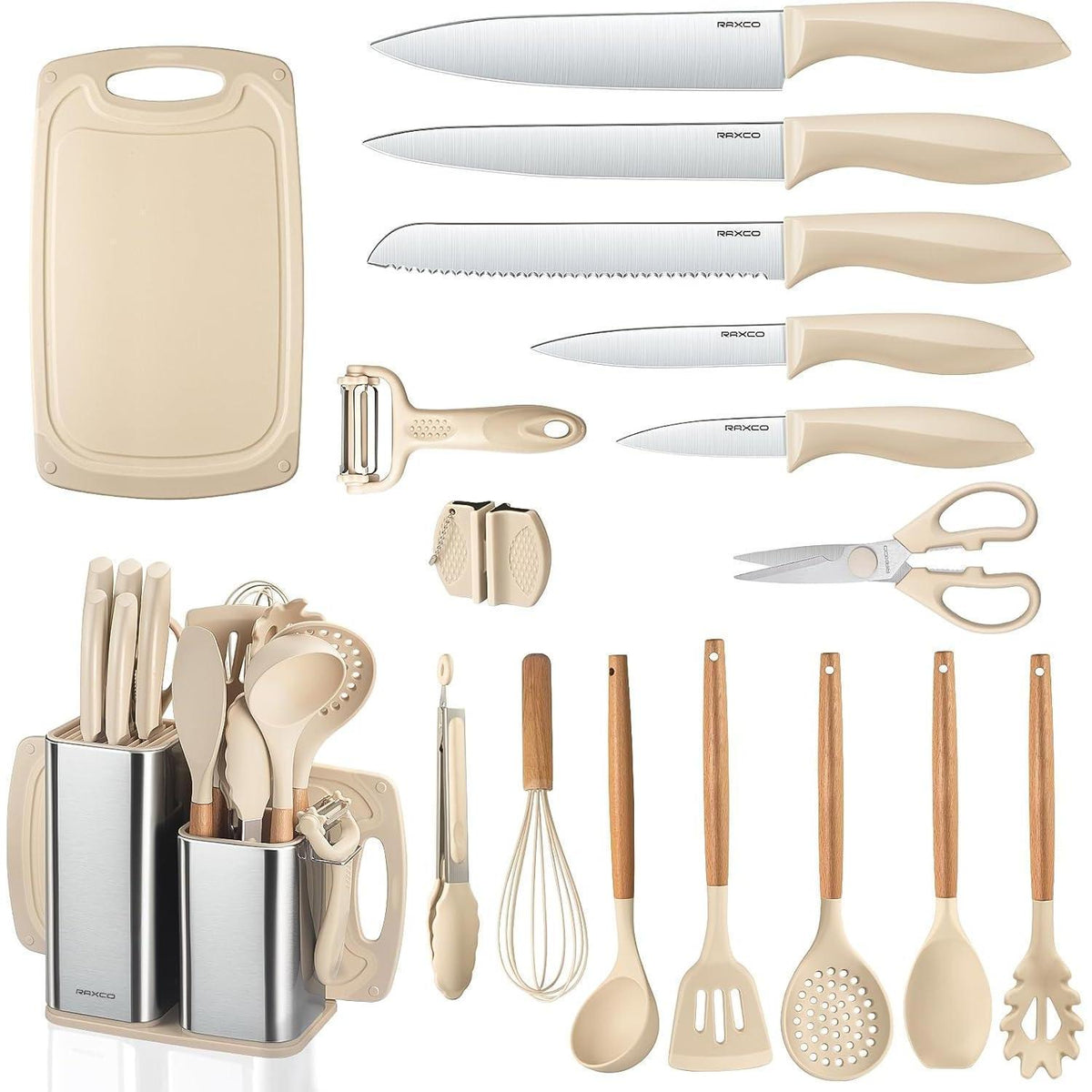 18-teiliges Küchenmesser-Set mit Silikon-Utensilien & Messerblock Khaki