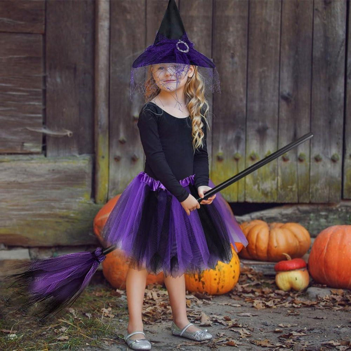 Hexenkostüm Mädchen Halloween Kinder Hexe Hexenhut Rock Besen 3-8 Jahre