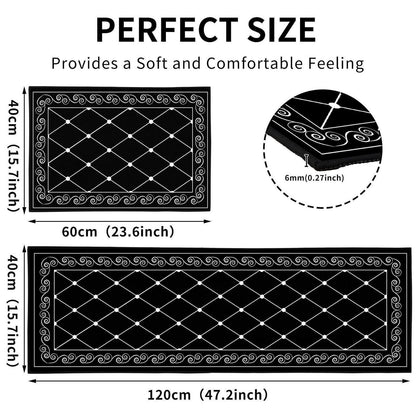 2x Küchenteppich Set Öl-Aufnehmend 40x120cm + 40x60cm Schwarz Karo
