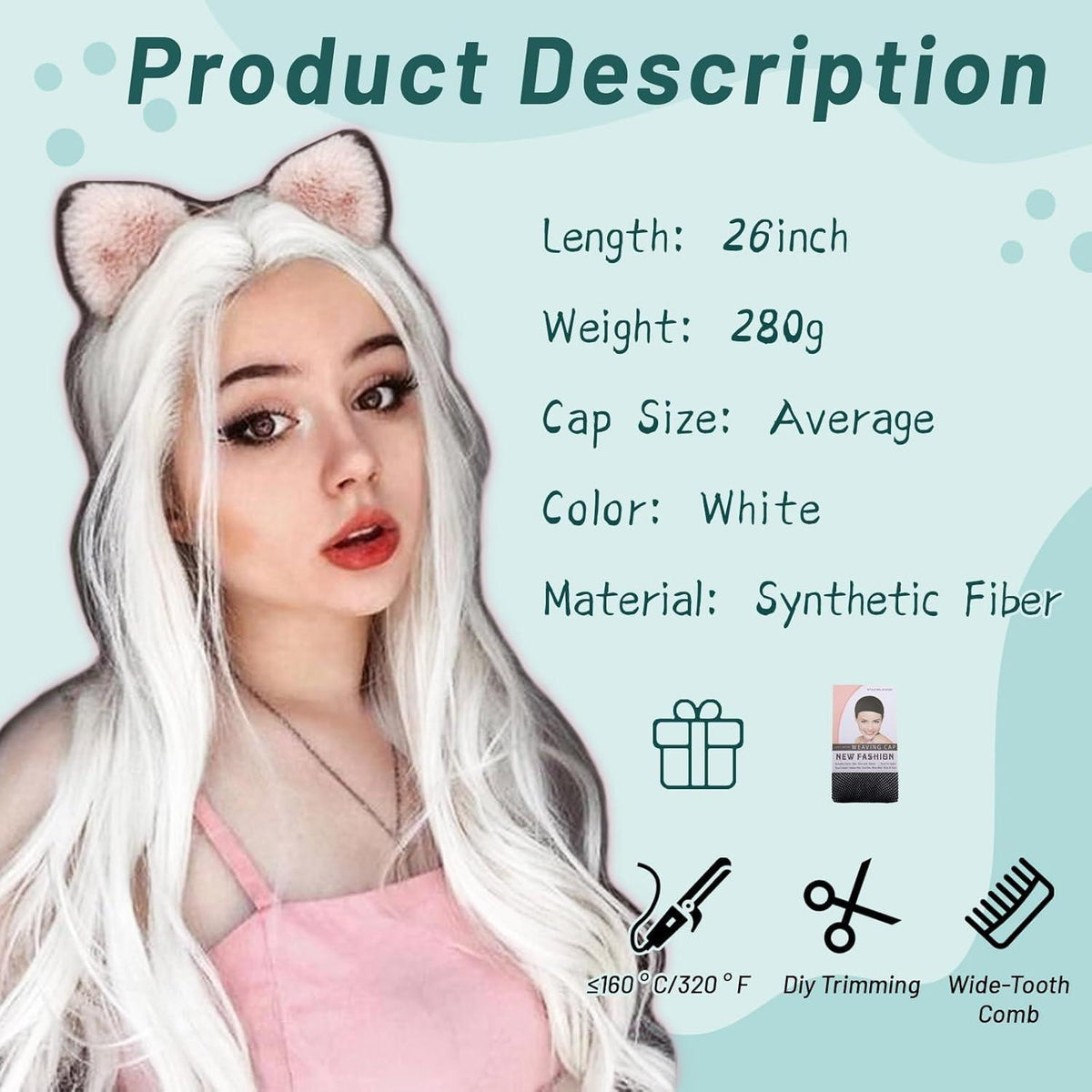 Lange gewellte weiße Anime Cosplay Perücke 60cm