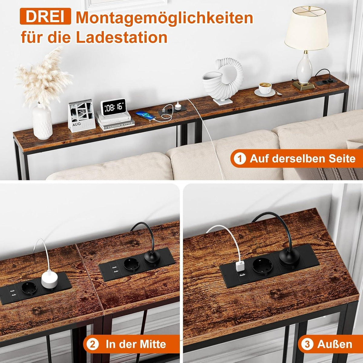 Konsolentisch Schmal Vintagebraun mit Steckdosen und USB-Anschlüssen