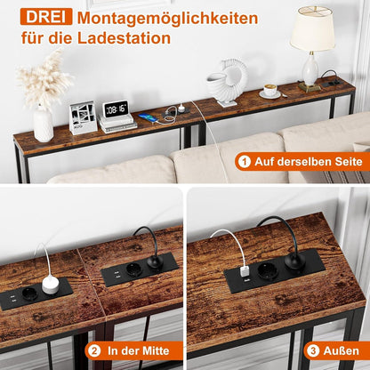 Konsolentisch Schmal Vintagebraun mit Steckdosen und USB-Anschlüssen