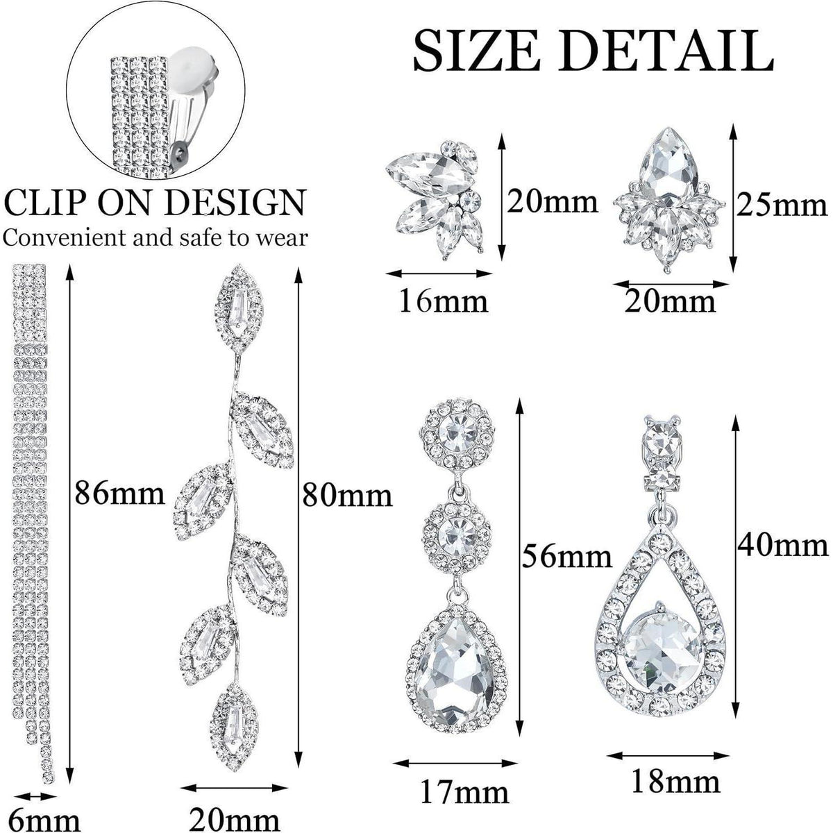 6 Paar Clip Ohrringe Damen Strass Hängend Non-Piercing