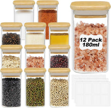 Gewürzgläser Eckig Bambusdeckel Etiketten 12er Set - 6oz/180ml