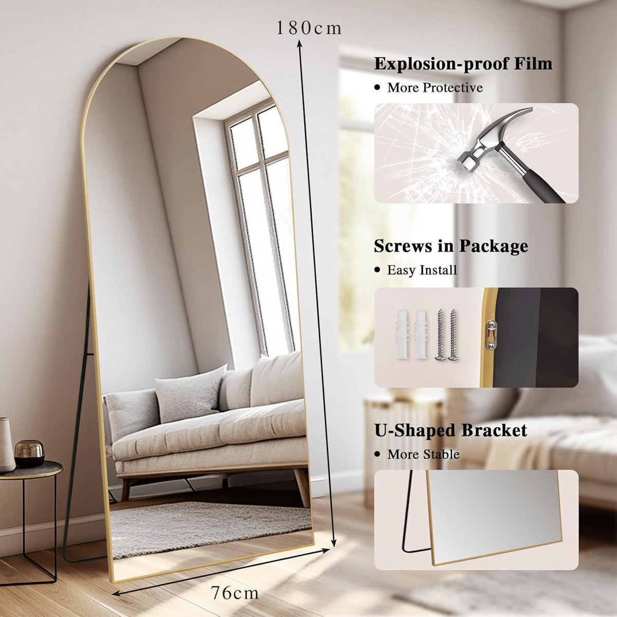 Gewölbter Ganzkörperspiegel 180x76cm – Stehspiegel Gold für Wohnzimmer