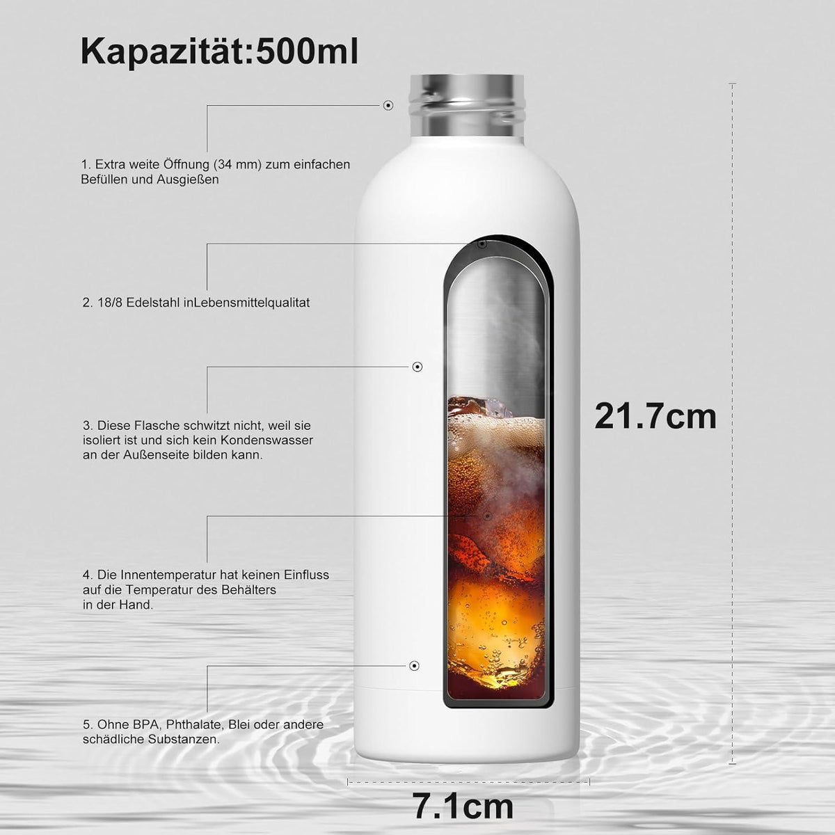 Isolierte Trinkflasche Edelstahl 500ml Thermo Wasserflasche