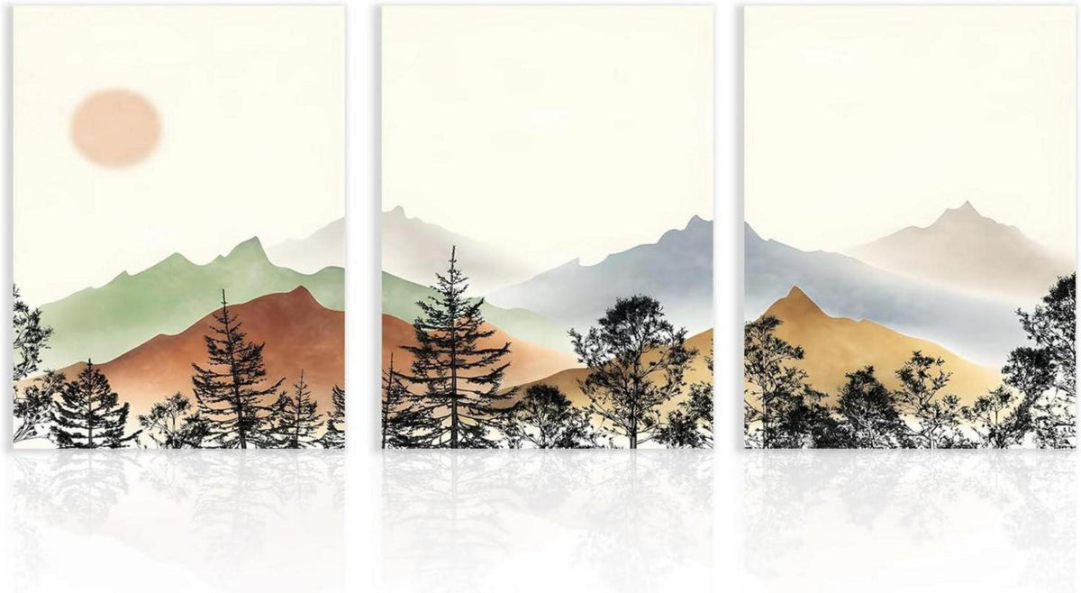 Abstrakte Berg Poster Set Wald Sonne Leinwand Wanddeko 30x40 3er Set