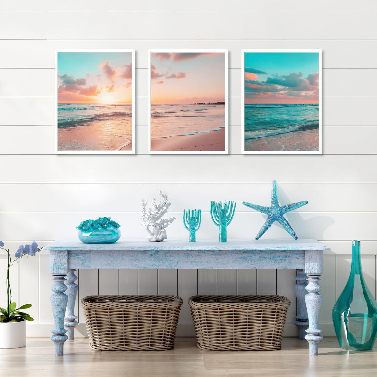Strand Sonnenaufgang Wandbilder Blauer Ozean Leinwand Poster 12x16 Set